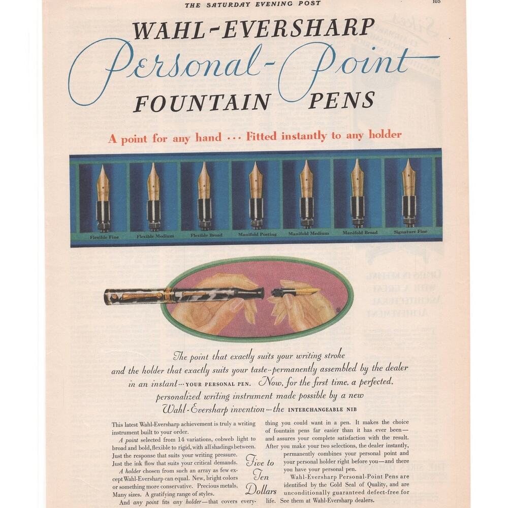 Wahl Eversharp Fountain Pen Advertisement Vintage 1929 Personal Point Writing